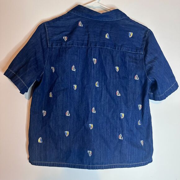 Napa Valley Petite Med Denim Shirt Womens S/S Embroidered Sailboats 100% Cotton - Picture 2 of 5